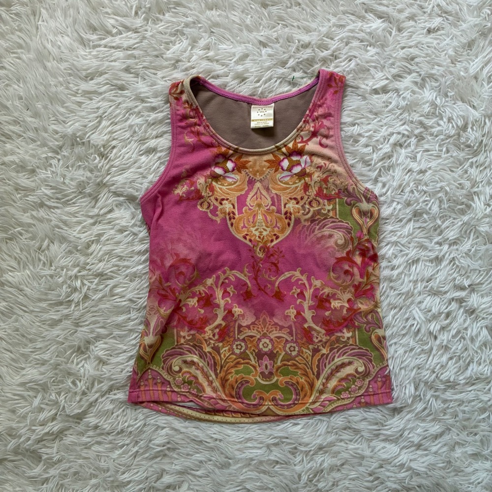 Y2K Marika Balance Collection Pink Paisley Boho Floral Tank Top Built-in Bra S